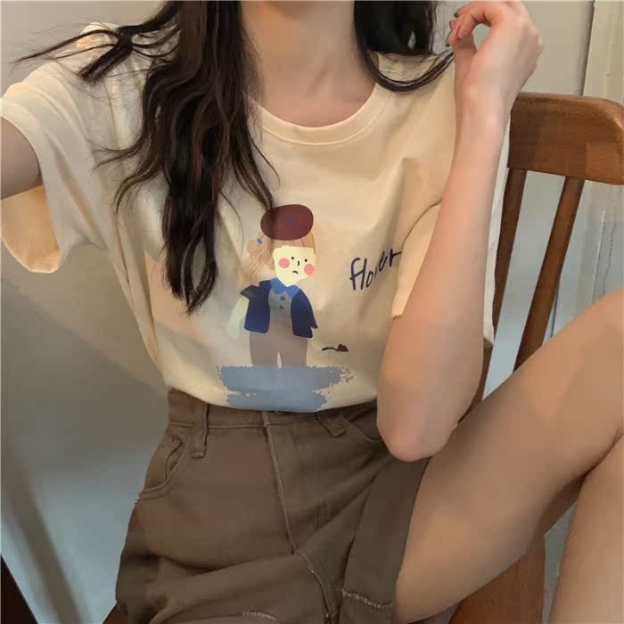Short sleeve t-shirt female fashion student retro loose Korean net red large medium length girlie top summer
