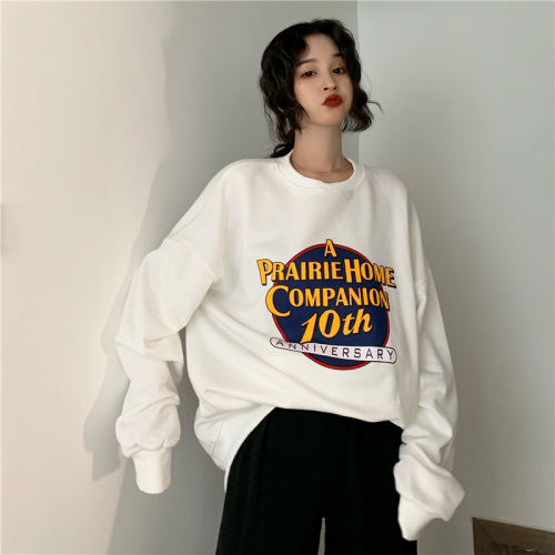 Round neck sweatshirt women's new style velvet thickened pullover women's Korean style loose printed hooded long-sleeved top women's autumn