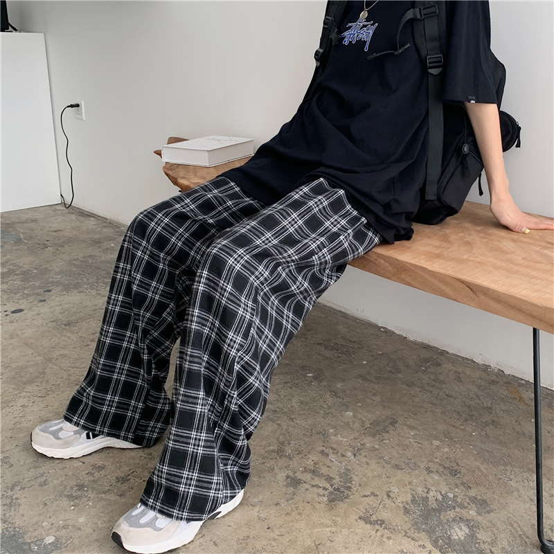 Plaid pants women's Korean spring and summer ins Harajuku style loose draping large casual pants show thin wide leg Harem Pants