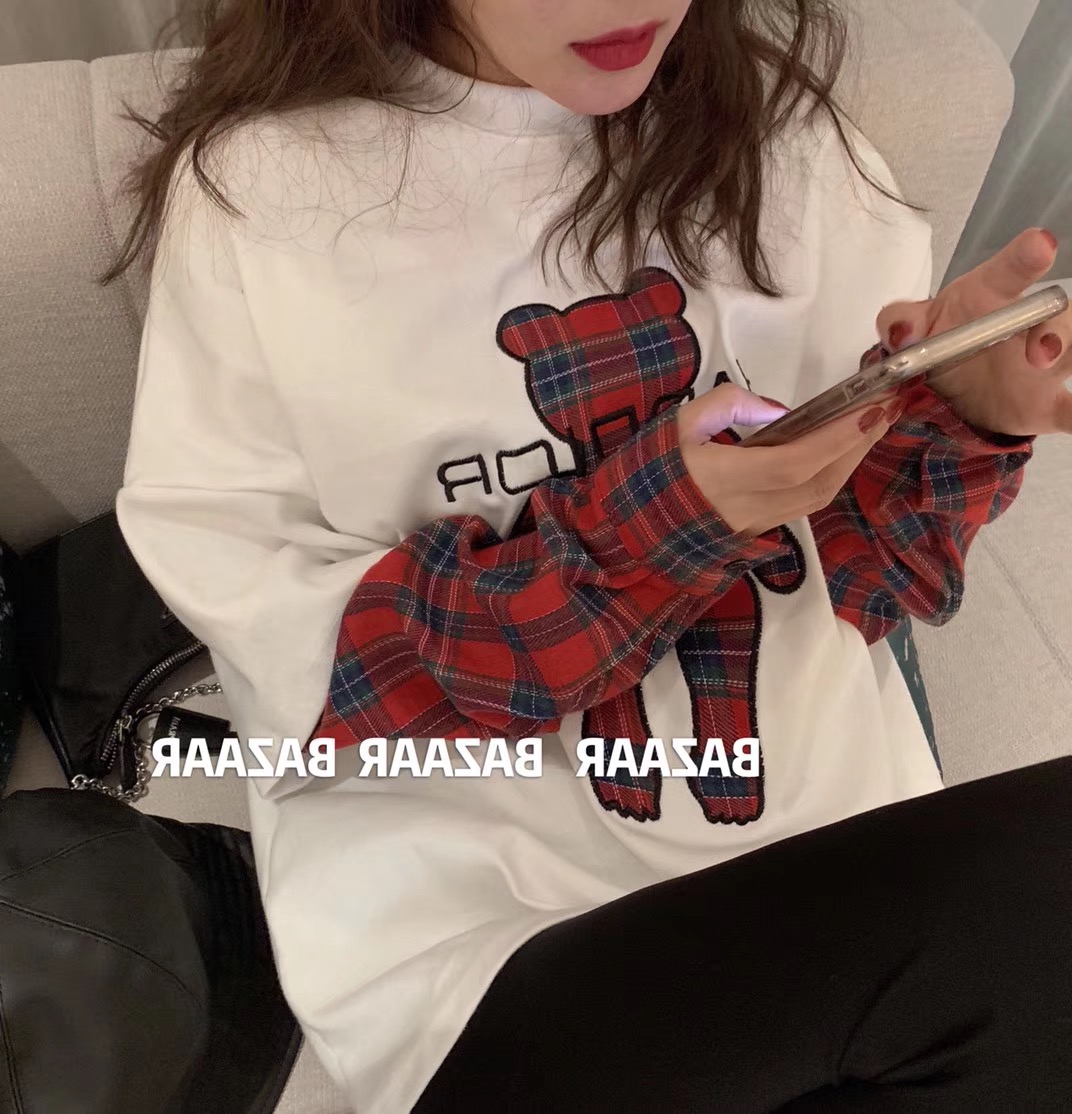 Long sleeve T-shirt women's spring new Korean loose personality cartoon print splicing Plaid fake two-piece top