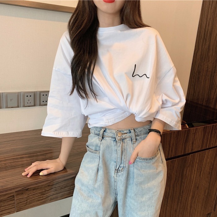 Cotton short sleeve T-shirt women's Korean style loose medium long net red large Korean fashion student top summer