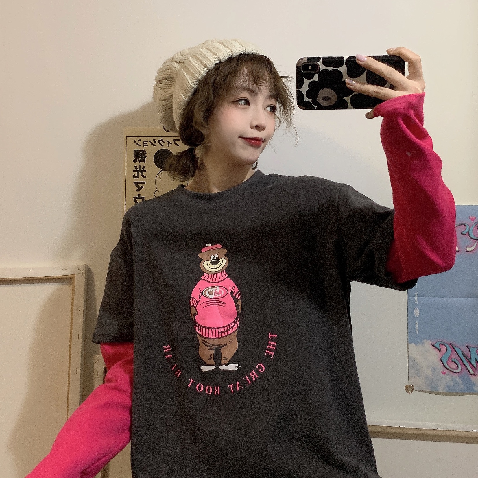 Real shot oversize women's wear fake two pieces of bodyguards female bear fat loose Korean long sleeve top fashion