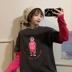 Real shot oversize women's wear fake two pieces of bodyguards female bear fat loose Korean long sleeve top fashion