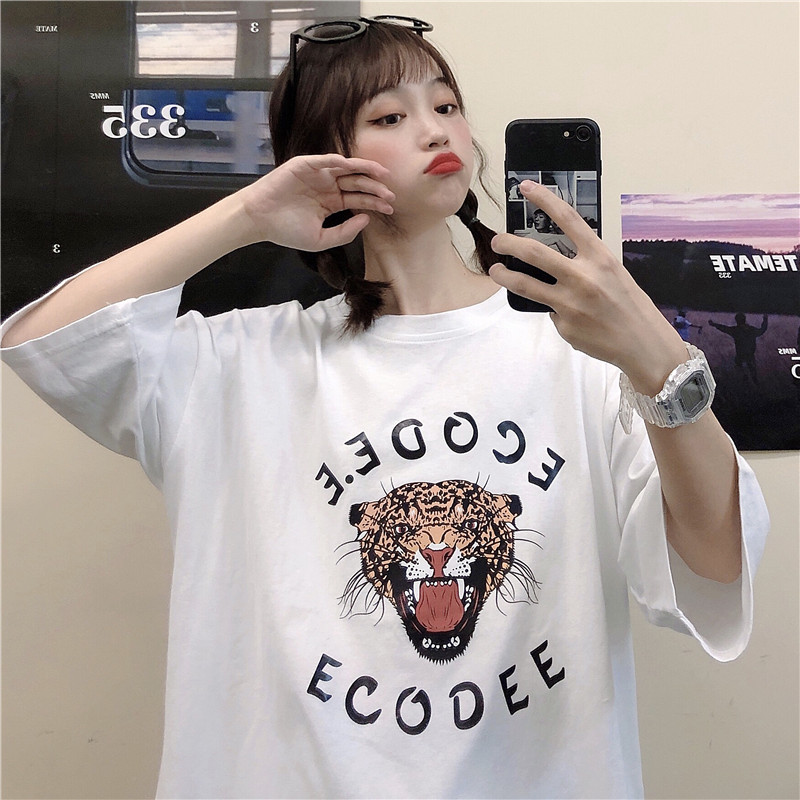 Real shot white short sleeve T-shirt women's loose medium long printed half sleeve top large size CEC spring and summer new