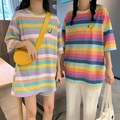 Real shot striped round neck T-shirt women's short sleeve large summer loose Korean student medium length T-shirt skirt