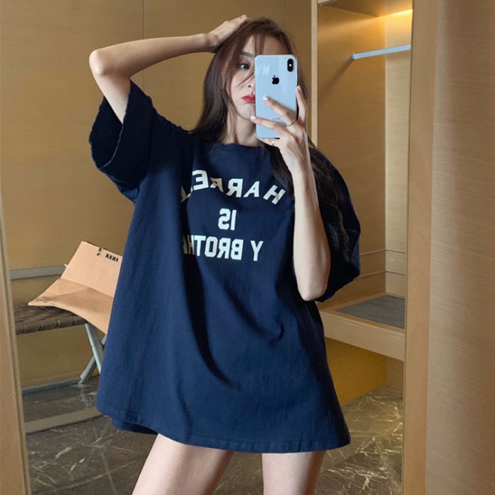 Short sleeve t-shirt female student summer Korean version lower garment missing loose medium length large size lazy wind top