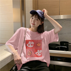 Clothing women's large new Hong Kong style short sleeve loose and versatile medium long printed half sleeve top fashion