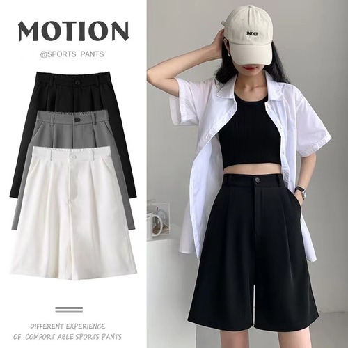 Suit Shorts Women Summer Thin High Waist A Skinny Casual Pants Straight Tube Hong Kong Taste Sports Wide Leg 5-quarter Pants