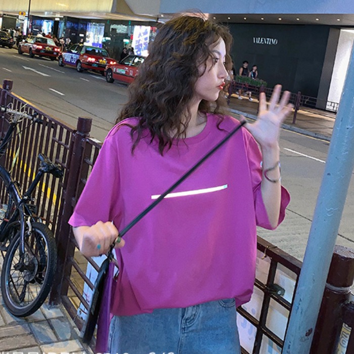 Summer short sleeve t-shirt female Korean loose student reflective net red large medium length elegant fashion top summer