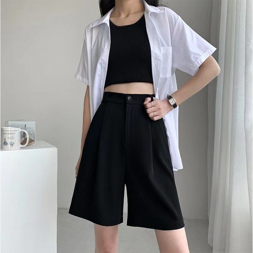 Suit Shorts Women Summer Thin High Waist A Skinny Casual Pants Straight Tube Hong Kong Taste Sports Wide Leg 5-quarter Pants