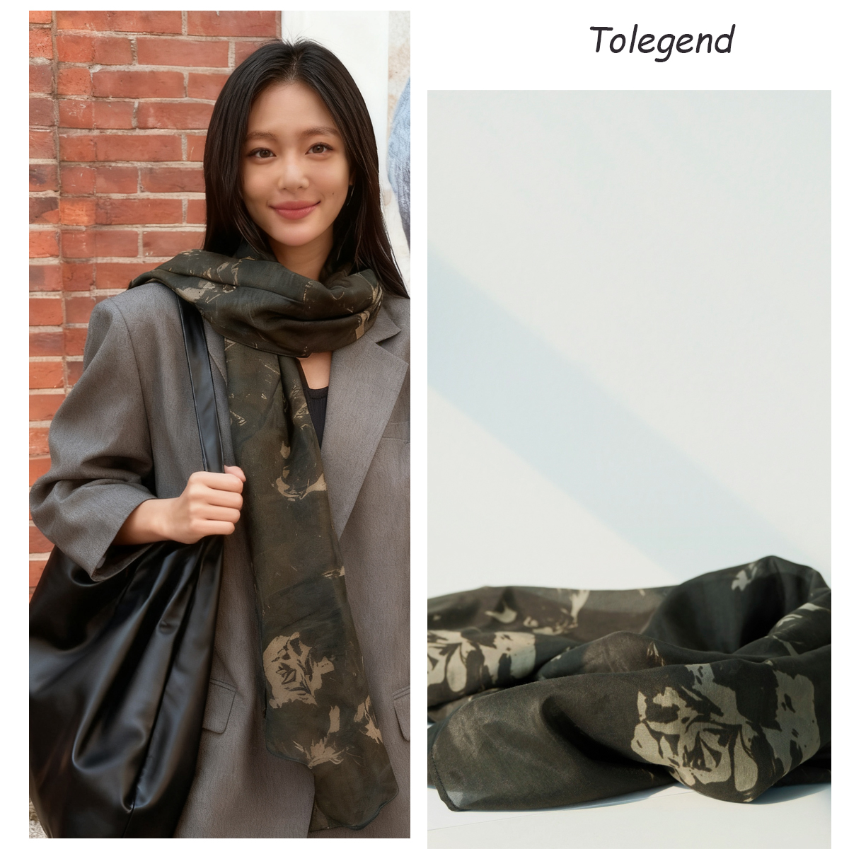 小众设计款法式复古绿咖色花卉真丝棉围巾丝巾领巾春秋冬韩国女