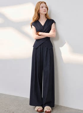 春夏压褶V领收腰高腰阔腿套装女
