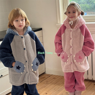 小黑托昵尼秋冬新款儿童加绒加厚家居服男女童毛毛睡衣套装姐弟装