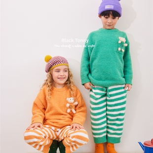 小黑托昵冬男女童三层加厚加绒夹棉睡衣小黑托昵珊瑚绒家居服套装