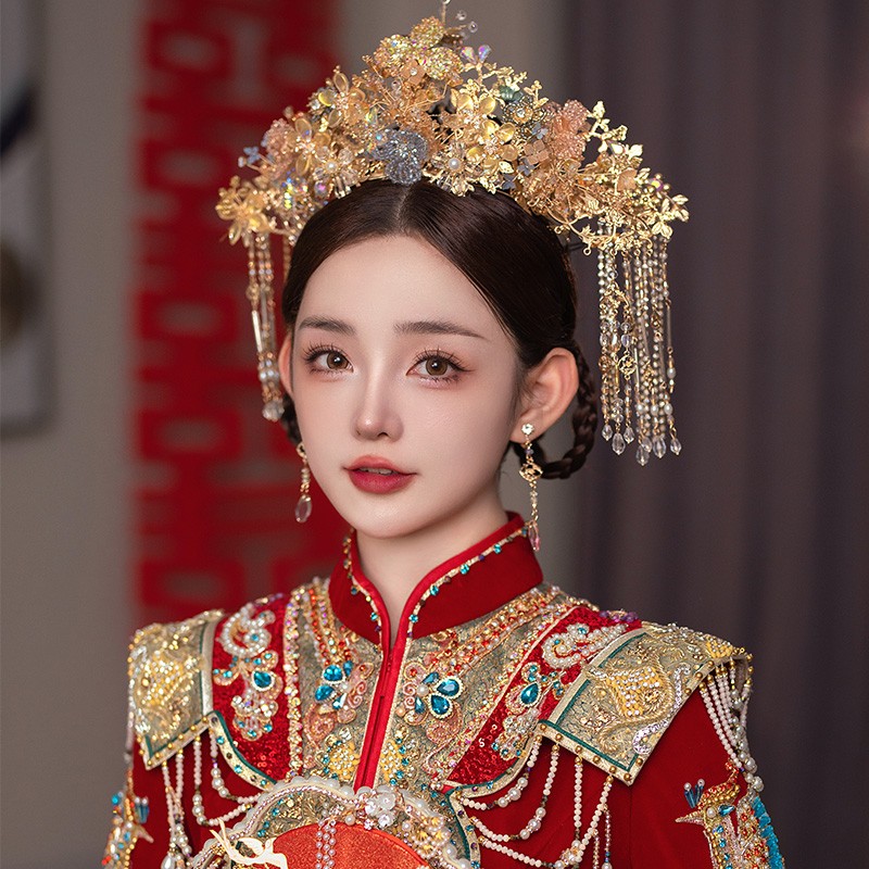 金色秀禾头饰新娘结婚中式大气凤冠秀禾服发饰2024新款复古显脸小