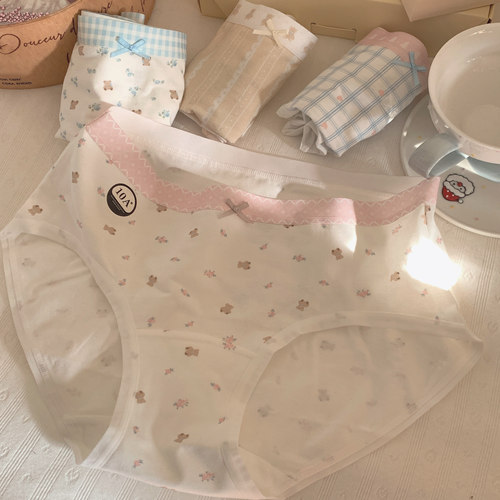 韩系小花甜美撞色印花卡通少女内裤A类棉纯棉加长裆10A女士三角裤