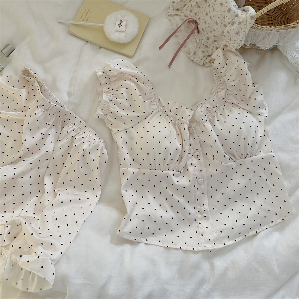 夏季薄款泡泡袖甜美睡衣波点露锁骨短袖短裤家居服套装带胸垫