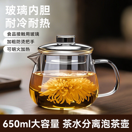 捷安玺玻璃泡茶壶2025新款家用单壶茶水分离小花茶壶耐高温烧水壶