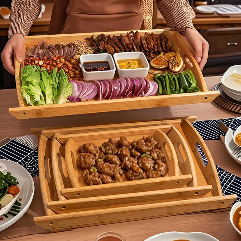 捷安玺托盘长方形竹木质盘子家用菜盘酒店商用餐盘大小双耳烧烤盘