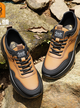 老人头男鞋厚底运动休闲鞋土黄色户外防滑秋冬鞋子皮面防水爸爸鞋
