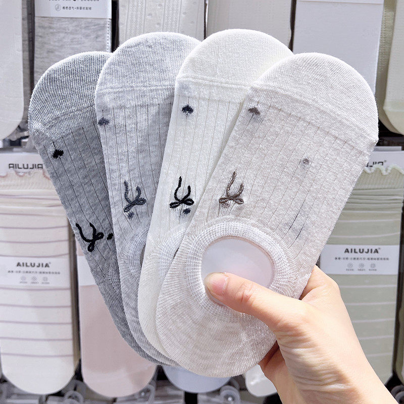 3双包邮刺绣蝴蝶结袜子女爱心船袜夏季浅口硅胶防掉跟无骨隐形袜