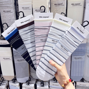 nayean条纹堆堆袜子女春夏季 南业Hilo 卷边薄棉中筒袜2723 包邮 3双