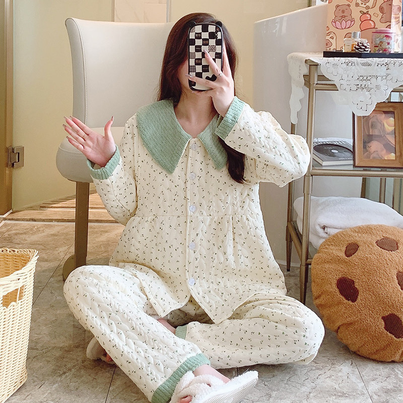 哺乳孕妇睡衣秋冬季春秋产后带胸垫空气棉月子服休闲家居套装