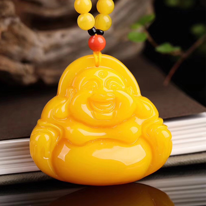 纯天然鸡油黄蜜蜡弥勒佛挂坠琥珀原石笑佛雕件吊坠男女款毛衣链