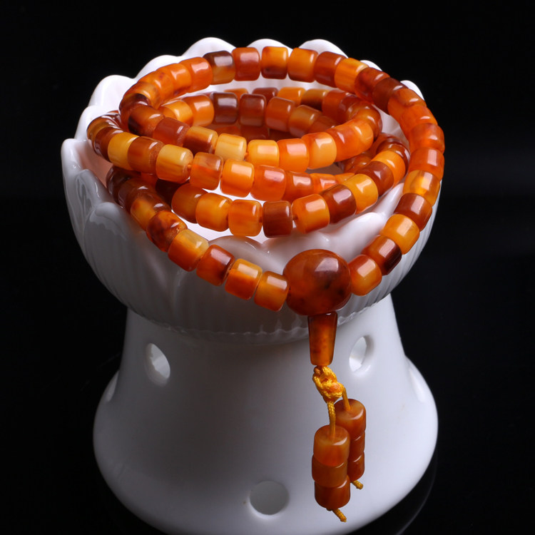 正品天然老蜜蜡108颗佛珠直切手链鸡油黄琥珀原石蜜蜡手串男女款