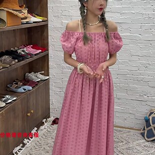 欧洲站2026春款欧货韩货时尚潮牌休闲甜美泡泡袖收腰粉色连衣裙