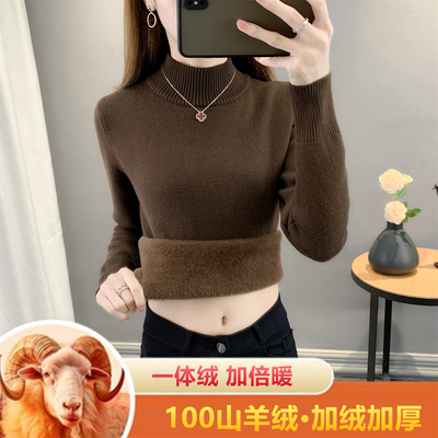 羊毛衫女加厚秋冬加绒半高领毛衣女一体绒高端100纯山羊绒羊绒衫