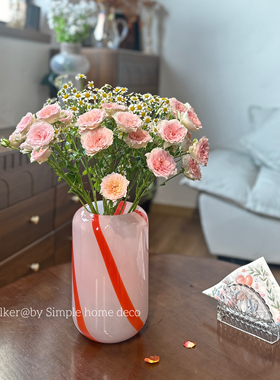 橘子红了｜ 出口北欧经典亮橙色条纹粉色系玻璃花瓶 插花花器摆件