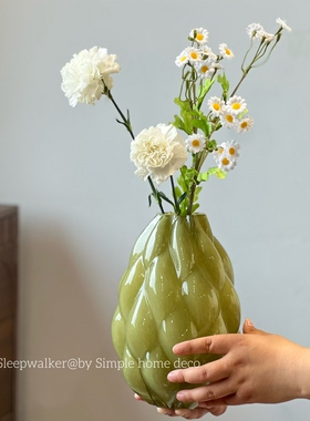 牛油果｜清新绿色小口厚重玻璃花瓶 芍药百合插花摆件装饰