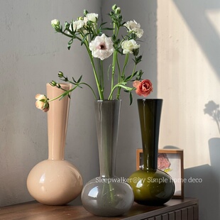 饰 轻奢大肚水培鲜花花瓶装 中古｜中古蓝色玻璃花瓶 天空蓝色花瓶