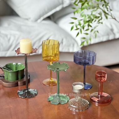 带杆烛台｜轻薄彩色高脚灯工玻璃烛台 适用于直径2.2厘米杆蜡