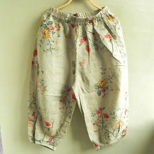 夏季 纯亚麻宽松八分裤 松紧腰 纯麻裤子 花裤子 灯笼裤 收裤口