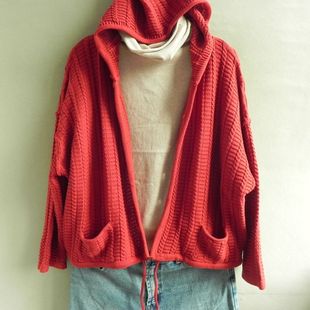 减龄 纯棉线厚实短款宽松戴帽开身毛衣 红色毛衣外套 不起球 女装