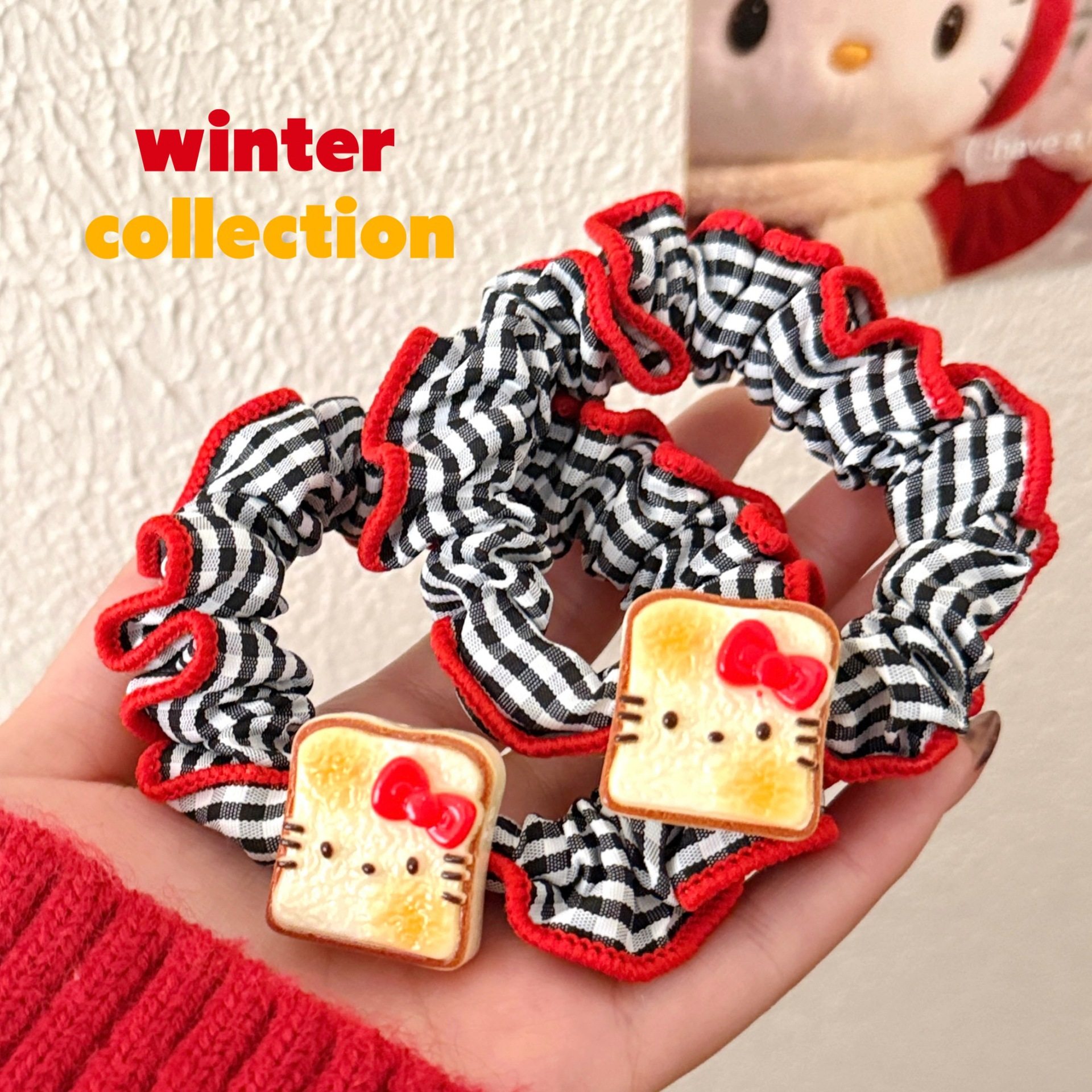 韩式简约格纹吐司小猫发绳少女心丸子头高马尾扎头发饰可爱盘发圈