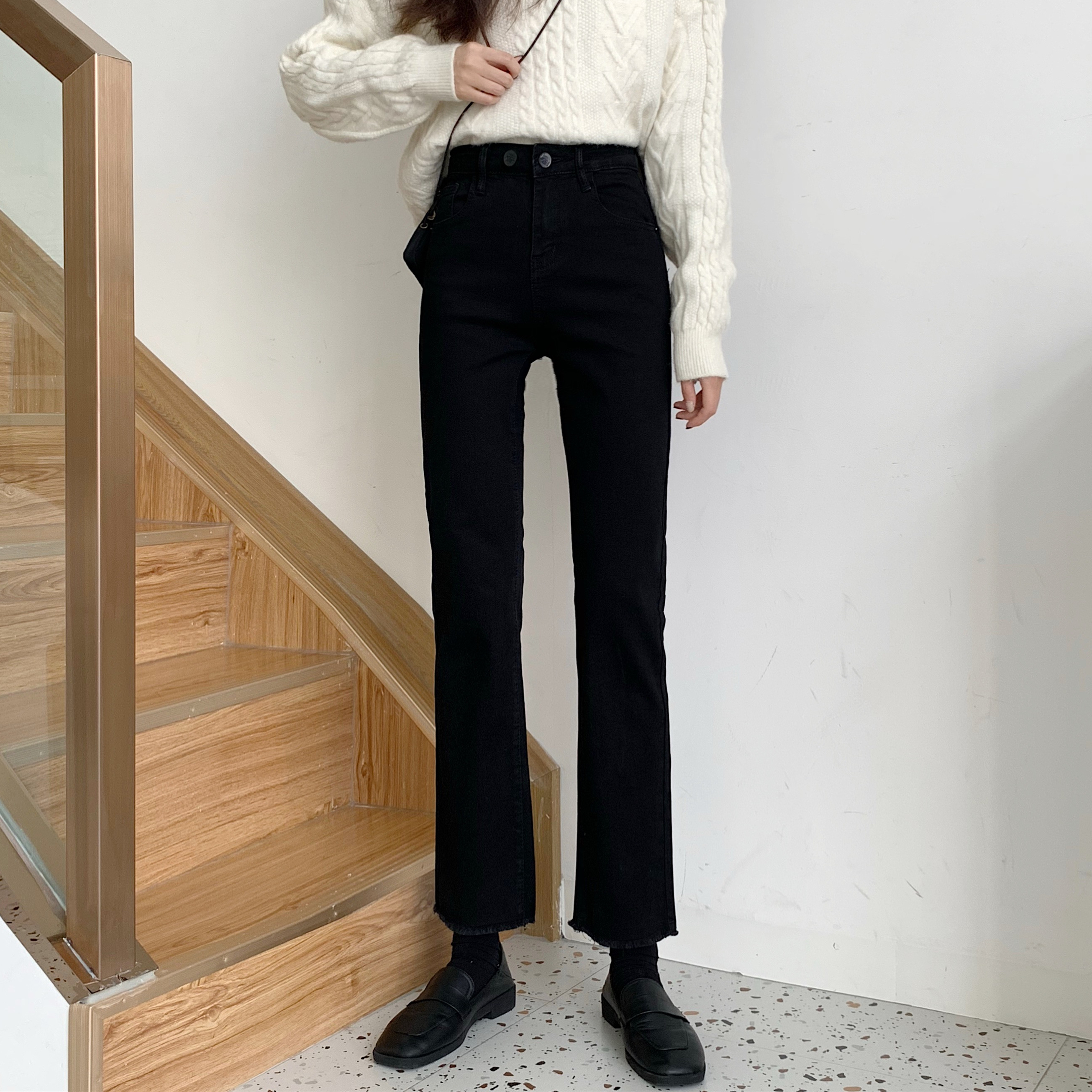 Real price high waisted loose straight two button black jeans