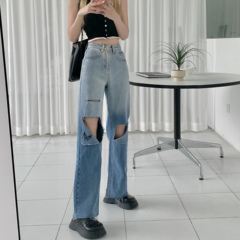 Real price high waist thin straight tube gradually perforated Butterfly Embroidery denim pants