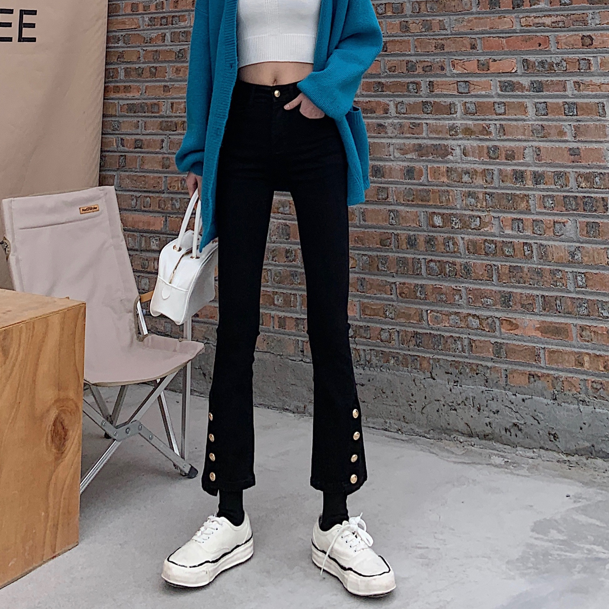 Real price high waist irregular breasted split skinny jeans