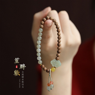 原创老山檀手串女款檀香手串檀木质佛珠和田玉祥云锁文艺清新手链