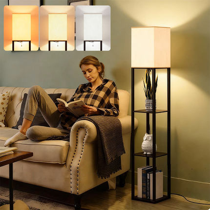 新中式落地灯 现代简约卧室led氛围灯客厅玄关立式复古置物架台灯