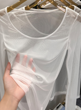 超薄冰丝防晒网纱打底衫女透明紧身蕾丝内搭黑色性感纱衣低领上衣