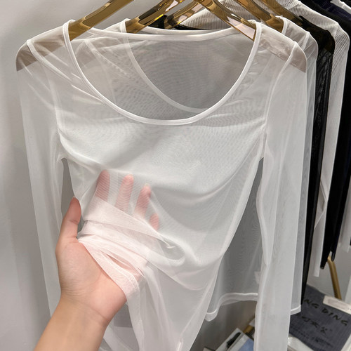 超薄防晒网纱打底衫女透明纱衣