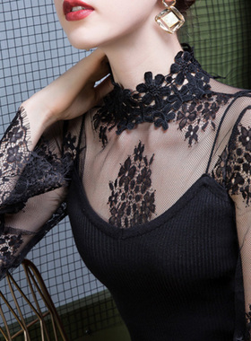 半高领睫毛蕾丝打底衫女秋冬2025洋气内搭黑色薄纱衣镂空网纱上衣