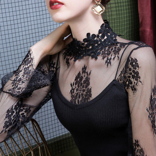 半高领睫毛蕾丝打底衫 女秋冬2025洋气内搭黑色薄纱衣镂空网纱上衣