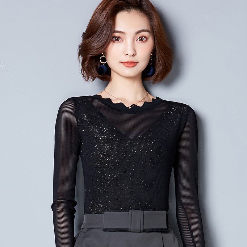 2018秋季新款亮丝圆领网纱打底衫长袖女T恤蕾丝上衣小衫女百搭潮