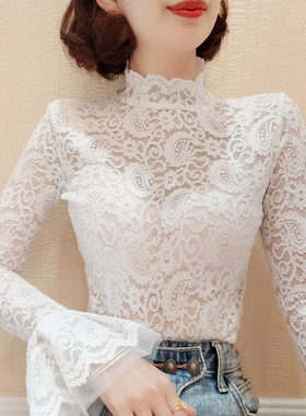 喇叭袖半高领蕾丝打底衫女春秋洋气法式镂空小衫秋冬内搭网纱上衣