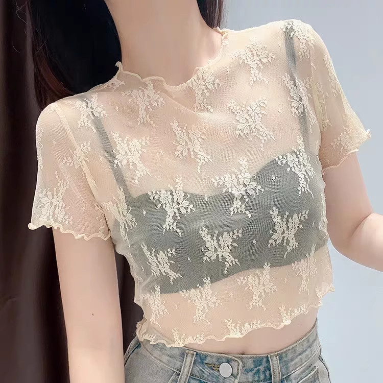 白色半截网纱打底衫女夏季吊带裙内搭t恤女短袖防晒罩衫蕾丝上衣